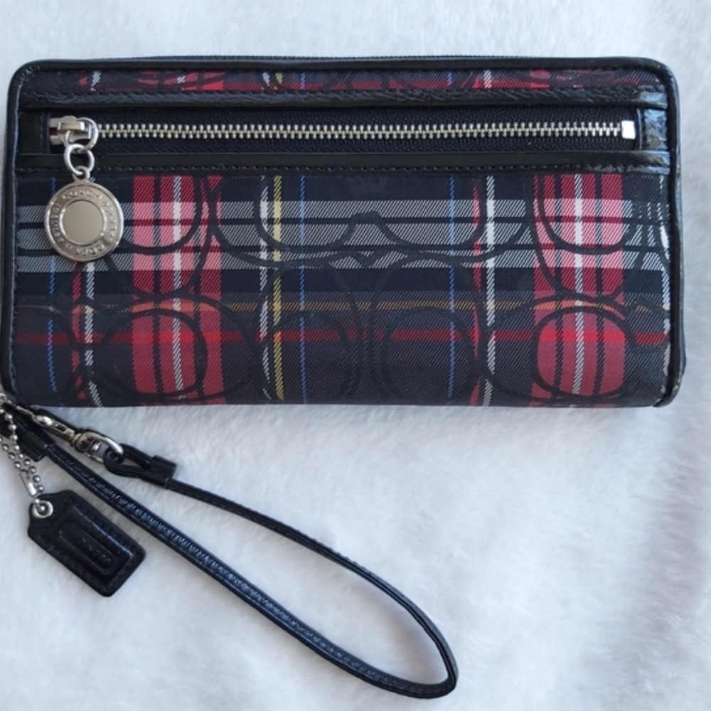 Coach Red & Black Tartan Zip Around Acordian
Wristlet Wallet